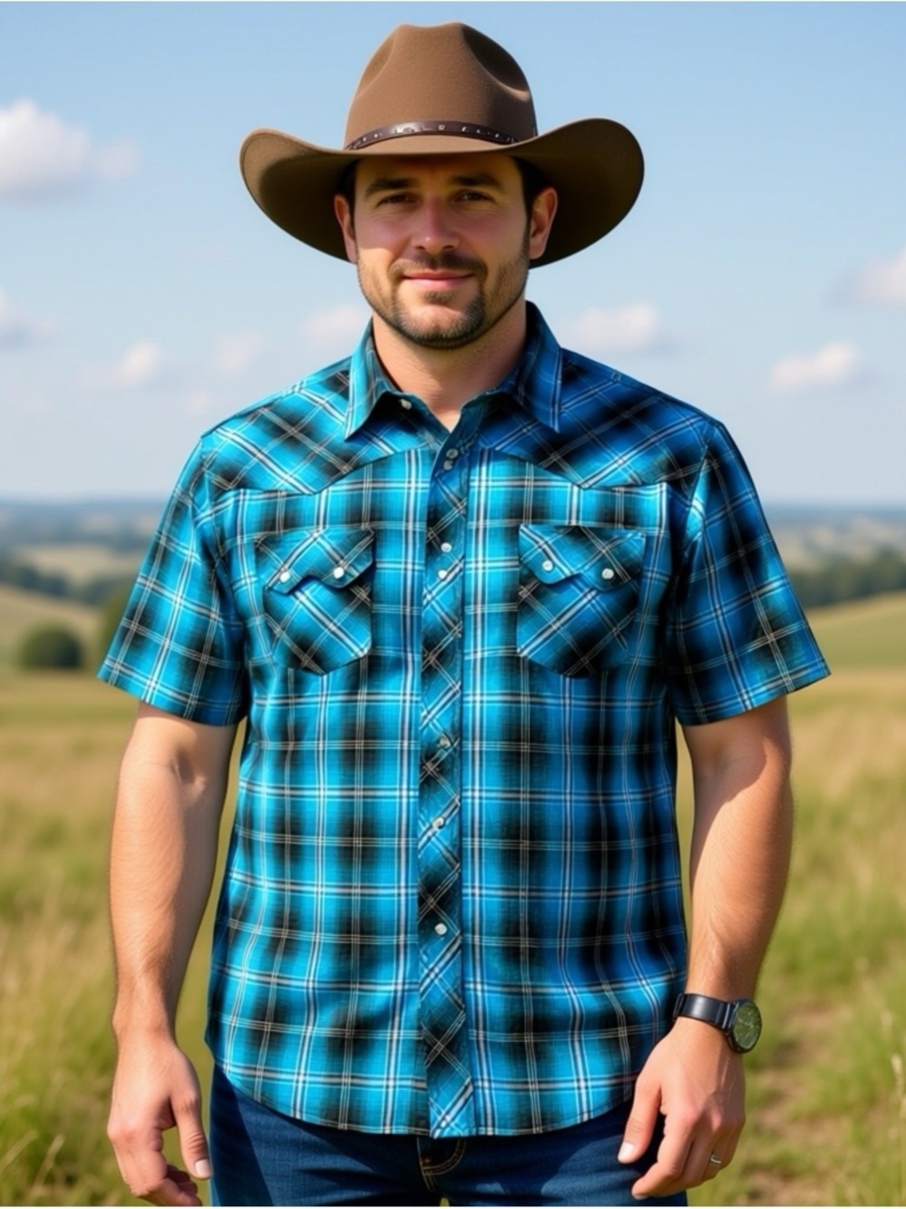 Wrangler Western Shirt Mens XL Blue Plaid Pearl Snap Short Sleeve